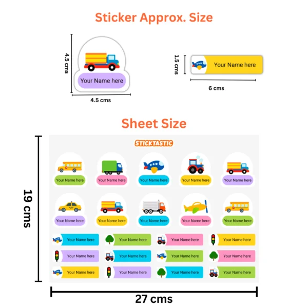 ST_NT004_Transport_Dimension Transport Theme - Customized Name Labels for Kids (22 Stickers) NT004