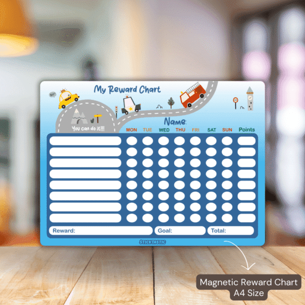 RewardChart_001_Blue Magnetic Reward & Chore Chart for Kids – Rewritable Erasable Board with Free Marker – Perfect for Daily Routines & Habits– Available in Blue & Pink