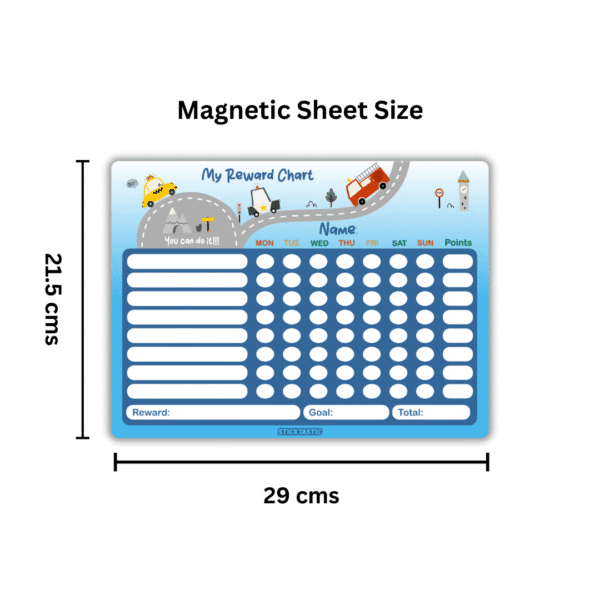 RewardChart_001_Blue_Dimensions Magnetic Reward & Chore Chart for Kids – Rewritable Erasable Board with Free Marker – Perfect for Daily Routines & Habits– Available in Blue & Pink