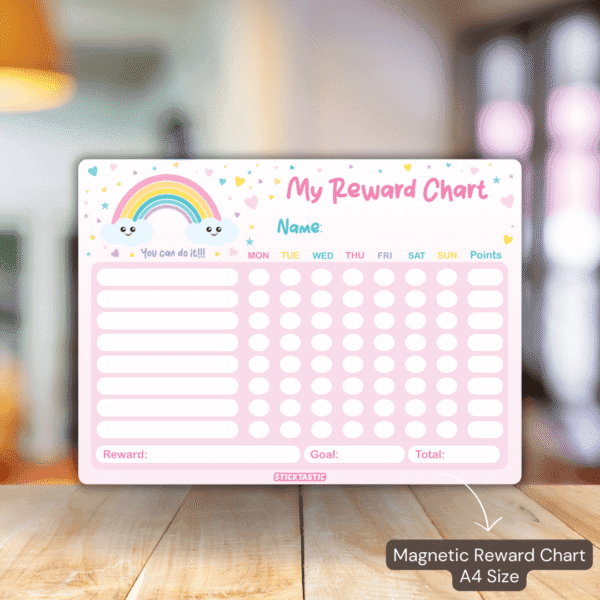 RewardChart_001_Pink Magnetic Reward & Chore Chart for Kids – Rewritable Erasable Board with Free Marker – Perfect for Daily Routines & Habits– Available in Blue & Pink